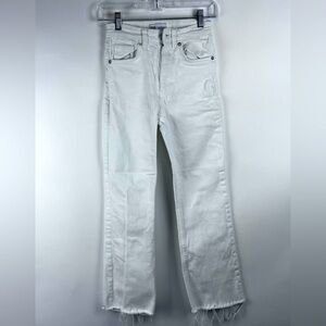 Women's Slim Flare Straight Leg Ivory Jeans w/ Distressed Bottom Hems